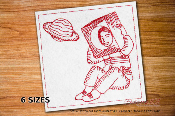 An Astronaut in the Outerspace Redwork